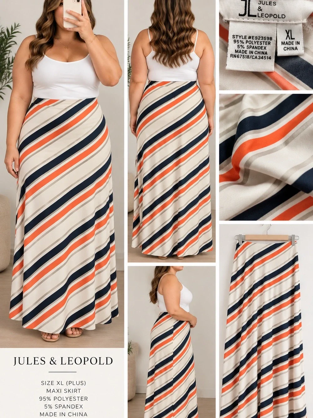 Jules & Leopold Cream Maxi Skirt with Navy & Orange Diagonal Stripes